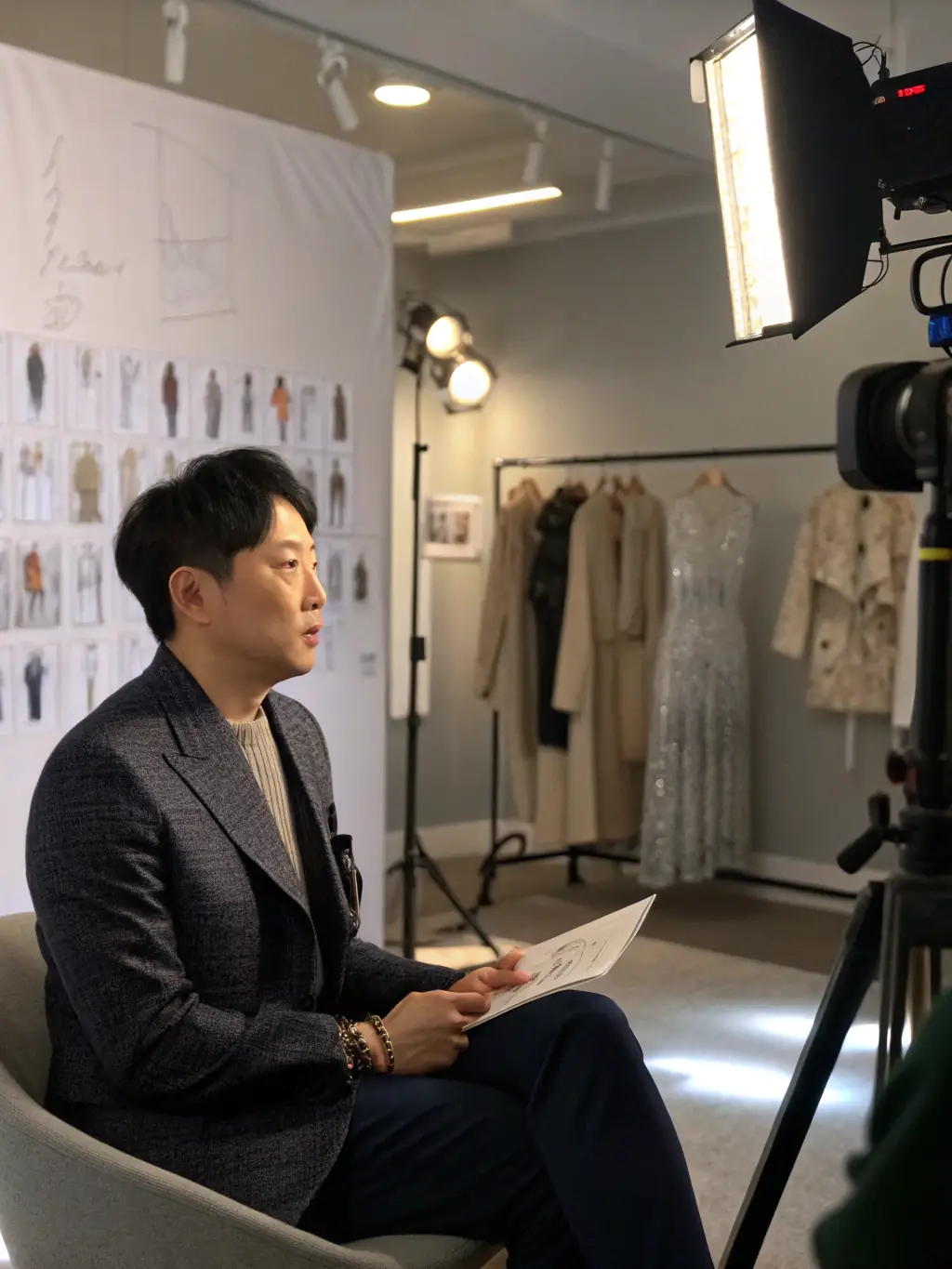 A high-quality photograph of a famous Korean fashion designer during an interview, with soft lighting and a professional setting.