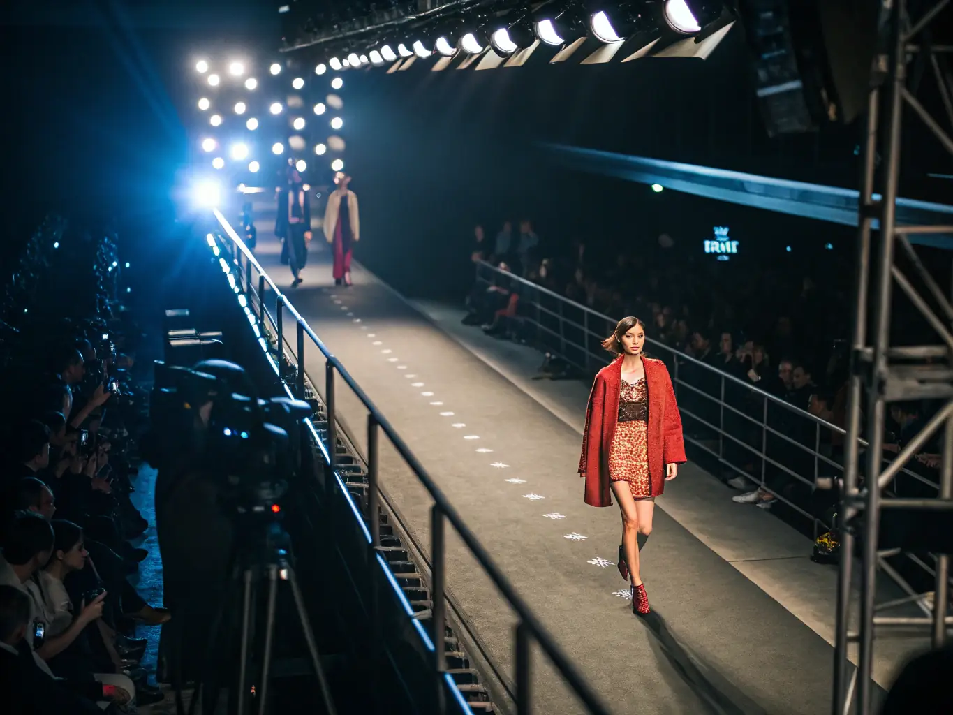 A high-angle shot of a Seoul Fashion Week runway, showcasing a model in a cutting-edge, deconstructed outfit with bold colors and unique textures, capturing the essence of avant-garde Korean fashion.