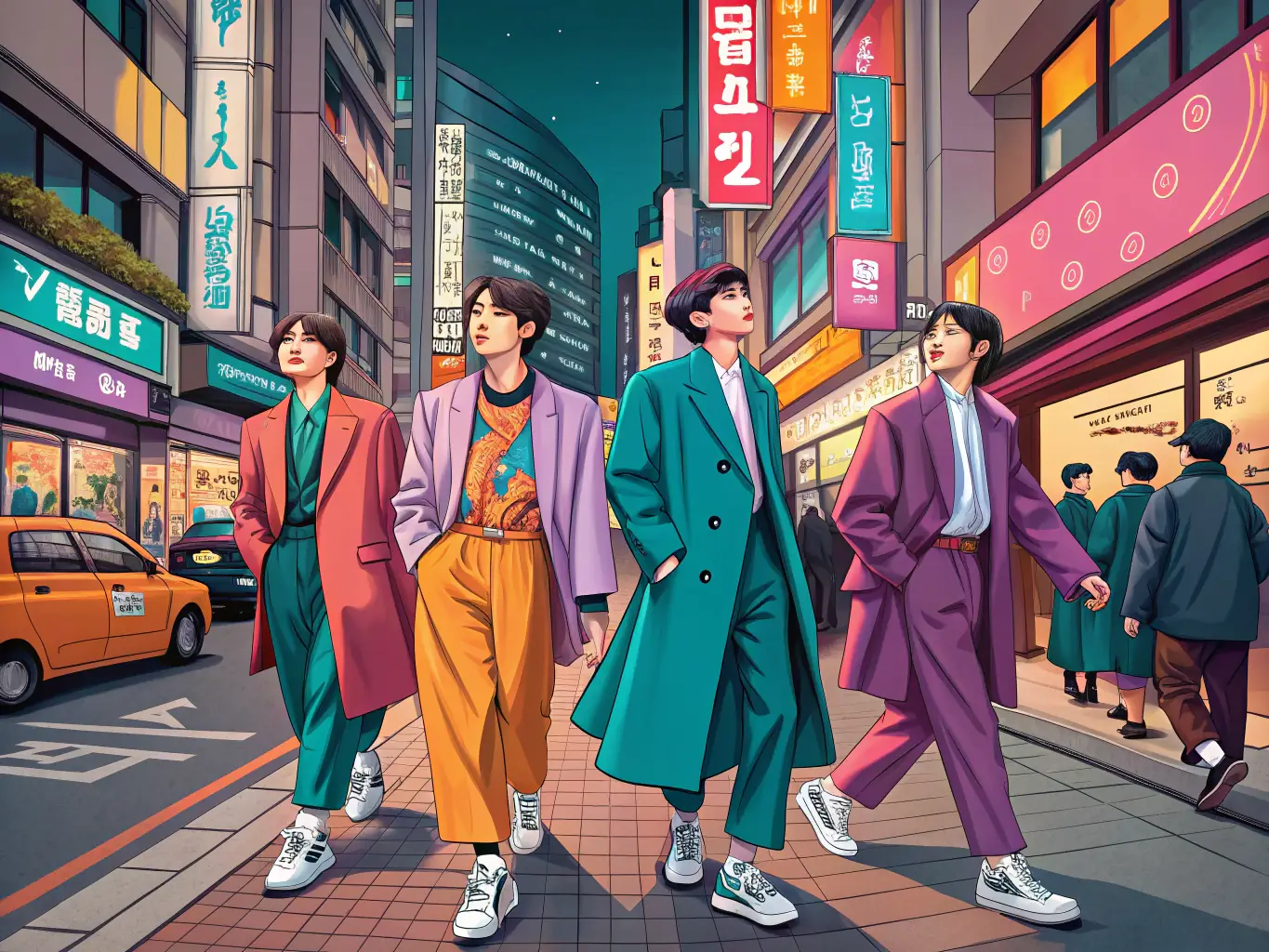 A street style scene in Gangnam, Seoul, featuring a group of young Koreans sporting oversized blazers, wide-leg pants, and chunky sneakers, embodying the casual-chic aesthetic of Korean street fashion.