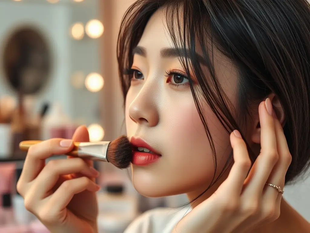 A close-up shot of a Korean beauty influencer applying makeup, showcasing the latest beauty trends and techniques, captured in a well-lit studio setting for KStyleNews.