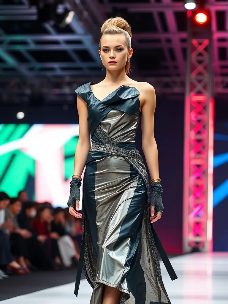 A model on a runway during Seoul Fashion Week, wearing a sophisticated and avant-garde design, highlighting the innovation in Korean high fashion.