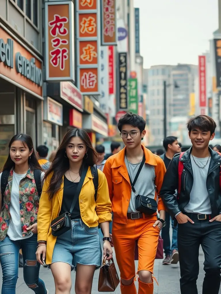 A vibrant street scene in Seoul, South Korea, showcasing trendy young adults in modern, colorful outfits, capturing the essence of Korean street style.
