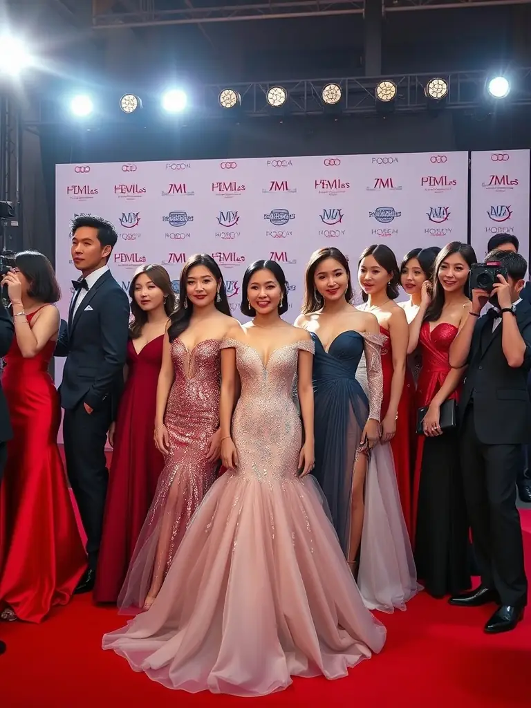 A group of Korean celebrities at a red carpet event, dressed in elegant and stylish outfits, reflecting the influence of celebrities on Korean fashion.