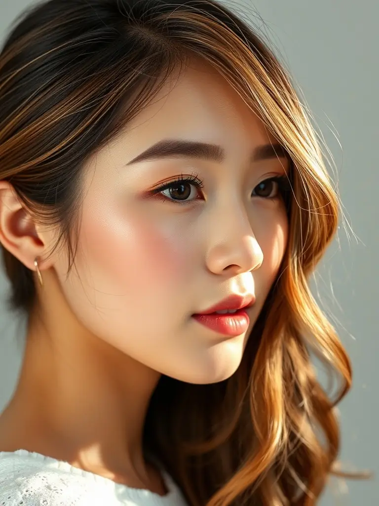 A close-up shot of a Korean model's face, showcasing flawless makeup and a trendy hairstyle, representing the latest beauty standards and techniques in Korea.