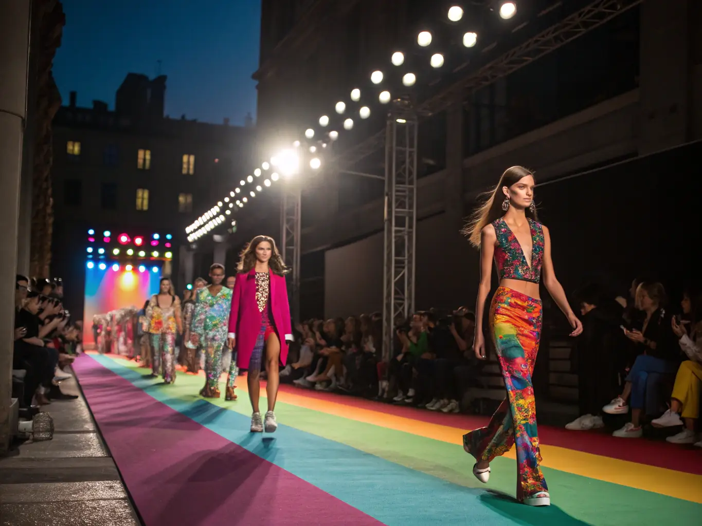A sophisticated high fashion runway show in Seoul, featuring avant-garde designs and elegant models, photographed with a focus on the intricate details of the garments for KStyleNews.