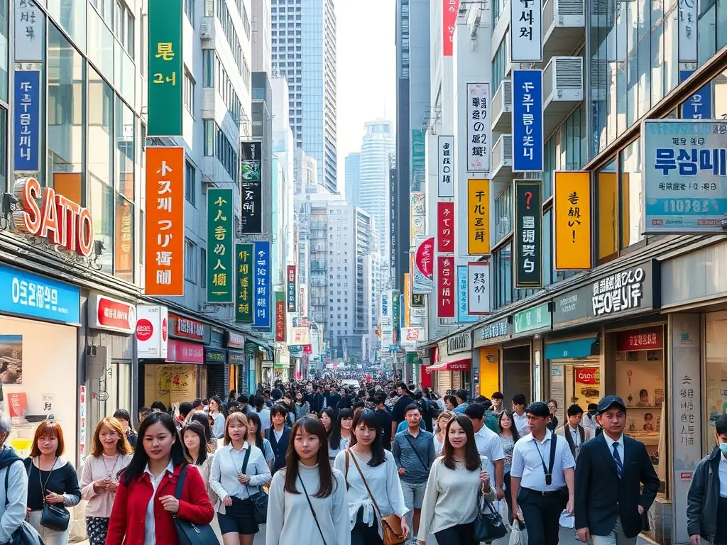 A vibrant street style scene in Seoul, South Korea, with trendy young adults showcasing unique and fashionable outfits, captured in a candid, high-energy photograph for KStyleNews.